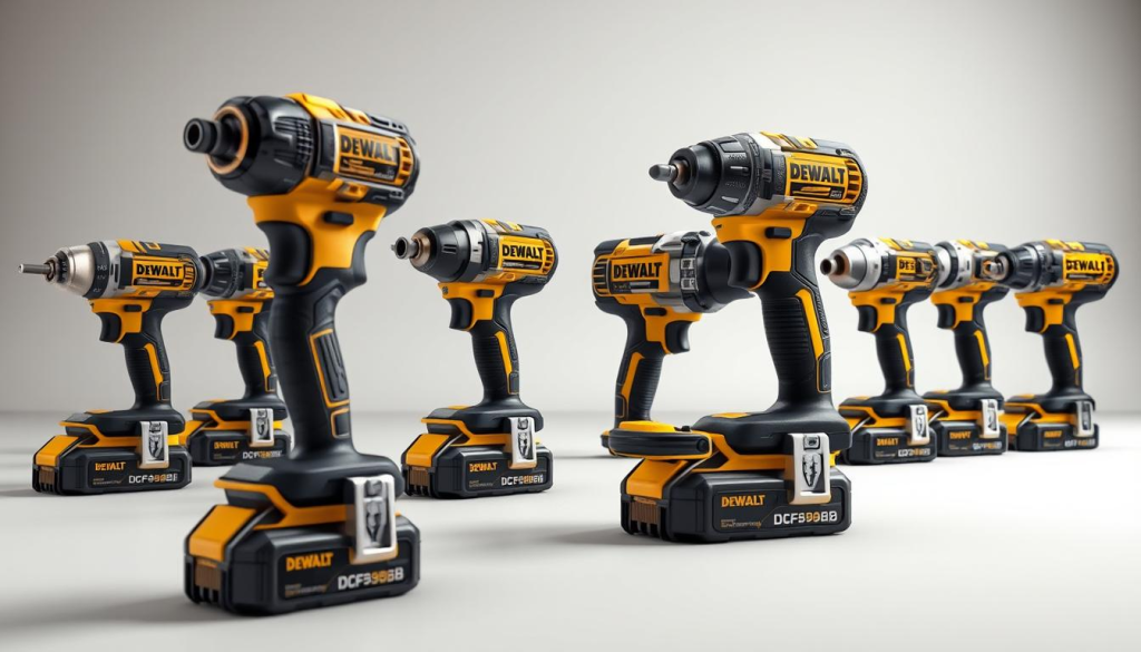 A meticulously detailed collection of DEWALT impact driver models, captured in a high-resolution, photorealistic rendering. The foreground showcases the distinct designs and features of several popular models, including the DCF899HB, DCF888B, and DCF886. The middle ground provides a clean, well-lit studio setting, with a neutral background that allows the tools to take center stage. Carefully crafted lighting and camera angles emphasize the sleek, rugged construction and ergonomic details of each impact driver, creating a sense of technical precision and professional-grade quality. The overall atmosphere conveys a balance of functionality, power, and modern industrial aesthetic.