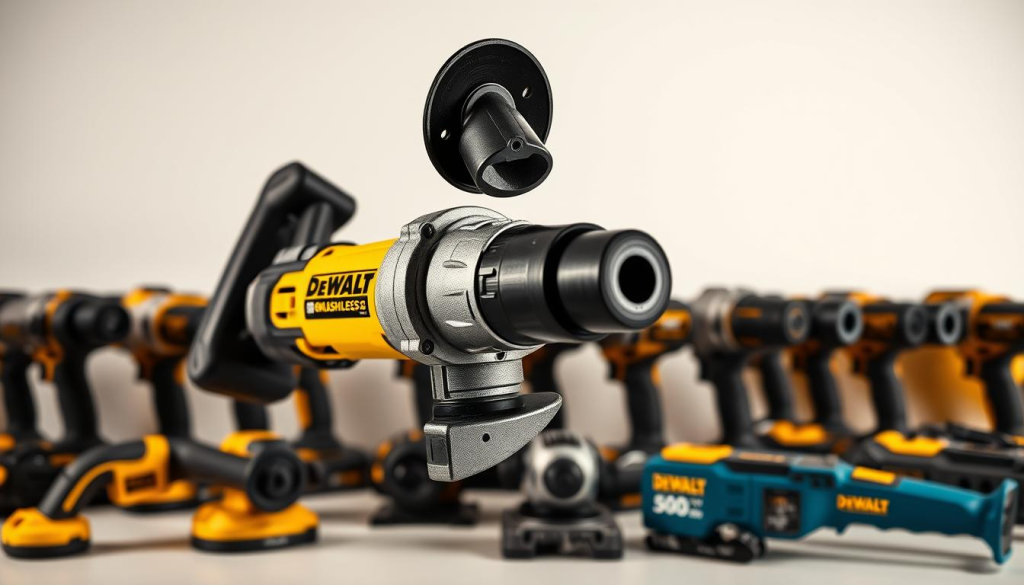 A meticulously detailed comparison of a DEWALT 90-degree die grinder set against a clean, well-lit background. Precise close-up angles showcase the tool's ergonomic design, rugged construction, and variable speed control. The grinder's brushless motor and 4-inch wheel are sharply rendered, with subtle reflections highlighting the sleek, professional-grade finish. Surrounding the central subject, an array of other leading die grinder models in a variety of colors and styles, allowing a comprehensive side-by-side evaluation of key features and capabilities. Subtle ambient lighting casts warm, natural shadows, accentuating the high-quality materials and sturdy build of the DEWALT tool.