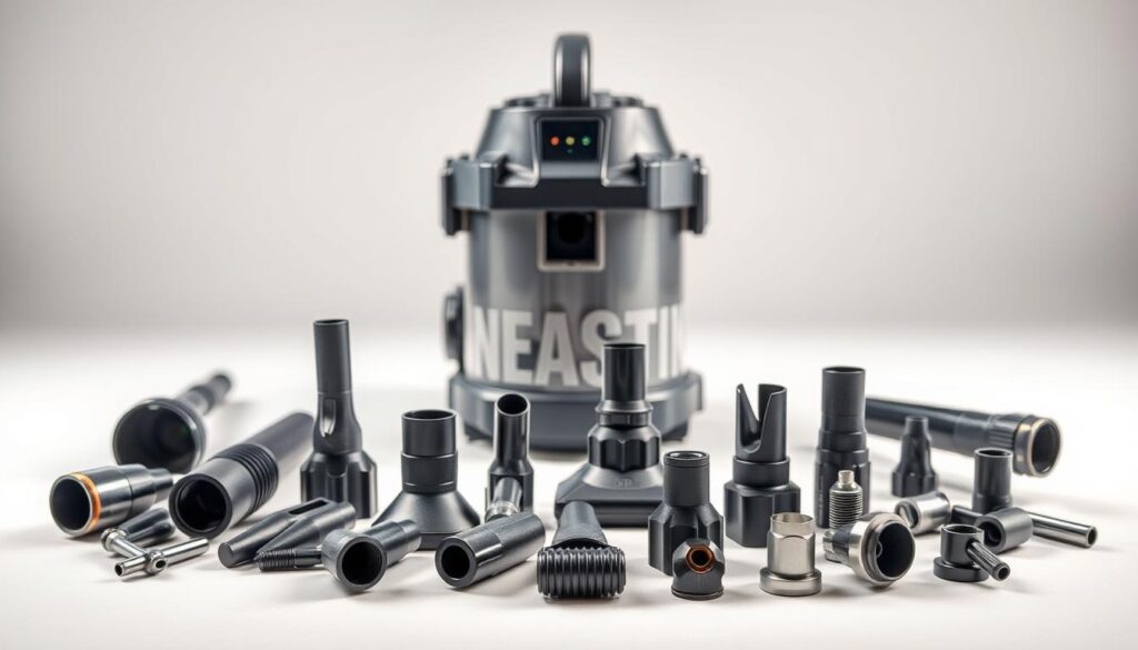 A meticulously detailed dust collection system accessories set, arranged in a well-lit studio setting. In the foreground, a selection of specialized attachments, nozzles, and adapters for connecting the dust extractor to various power tools, showcasing their functionality and versatility. The middle ground features the main dust extractor unit, its sleek, modern design highlighted by soft, directional lighting. In the background, a clean, minimalist backdrop emphasizes the technical precision and efficiency of the accessories. The overall composition conveys a sense of professionalism, highlighting the essential nature of these components for an effective dust control solution.