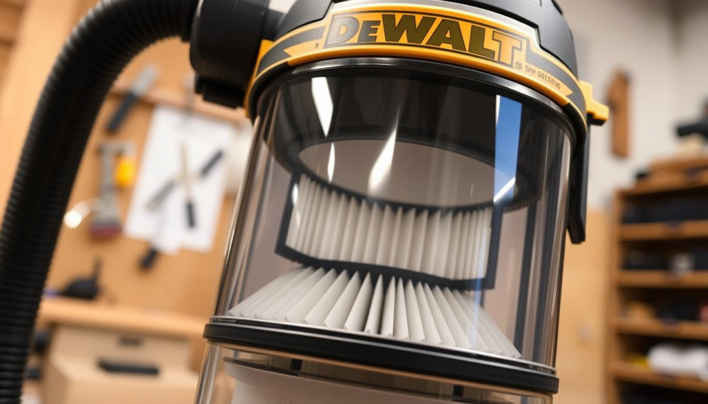 A meticulously detailed image of a DeWalt shop vacuum's filter system, showcasing its intricate design and maintenance features. The focal point is a close-up view of the filter housing, revealing its transparent design that allows for easy inspection of the filter. The lighting is soft and diffused, accentuating the sleek, modern aesthetic of the DeWalt branding. In the background, a clean, well-organized workshop setting provides context, with just a hint of the larger vacuum visible to convey the overall system. The image exudes a sense of precision, efficiency, and the high-quality engineering synonymous with the DeWalt brand.