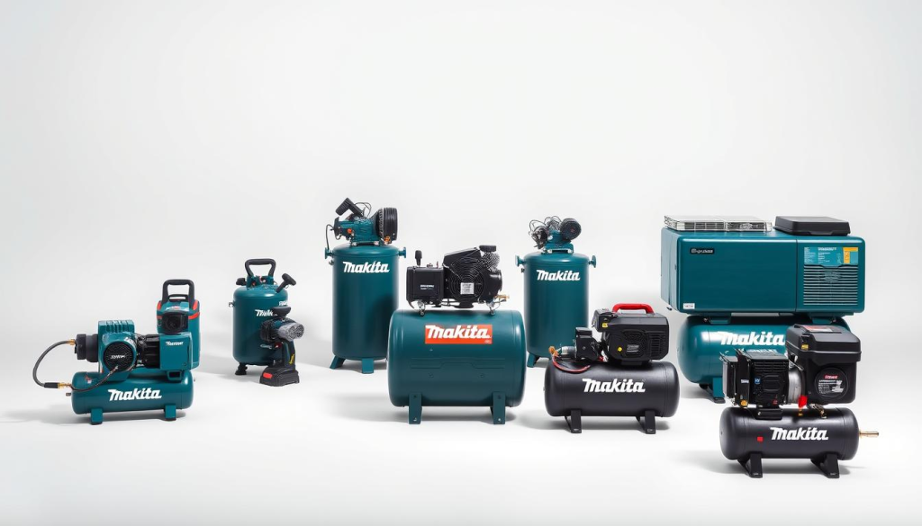 A meticulously detailed image of an array of Makita air compressors showcased against a clean, well-lit studio backdrop. The compressors are arranged in the foreground, highlighting their distinct types and features - from the compact and portable models to the more robust, industrial-grade units. The middle ground features soft shadows and subtle highlights, emphasizing the compressors' sturdy construction and premium craftsmanship. The background is a seamless, neutral-toned sweep, allowing the compressors to take center stage. The overall composition conveys a sense of professionalism, quality, and the versatility of Makita's air compressor lineup, perfectly suited to illustrate the "Types of Makita Compressors" section.