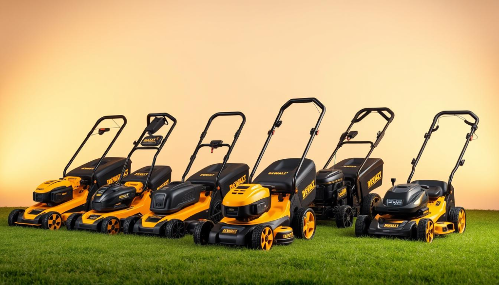 A meticulously detailed lineup of DEWALT lawn mower models, showcased against a clean, minimalist backdrop. The foreground features the latest cordless electric and gas-powered mowers in various sizes and configurations, each with its distinctive design elements, such as sleek handles, robust build, and high-performance blades. The middle ground highlights the advanced features and technologies that define the DEWALT brand, including brushless motors, adjustable cutting heights, and intuitive controls. The background subtly suggests the outdoor setting these mowers are designed to thrive in, with a soft, natural ambiance and well-manicured grass underfoot. Illuminated by warm, diffused lighting that enhances the models' premium quality and attention to detail.