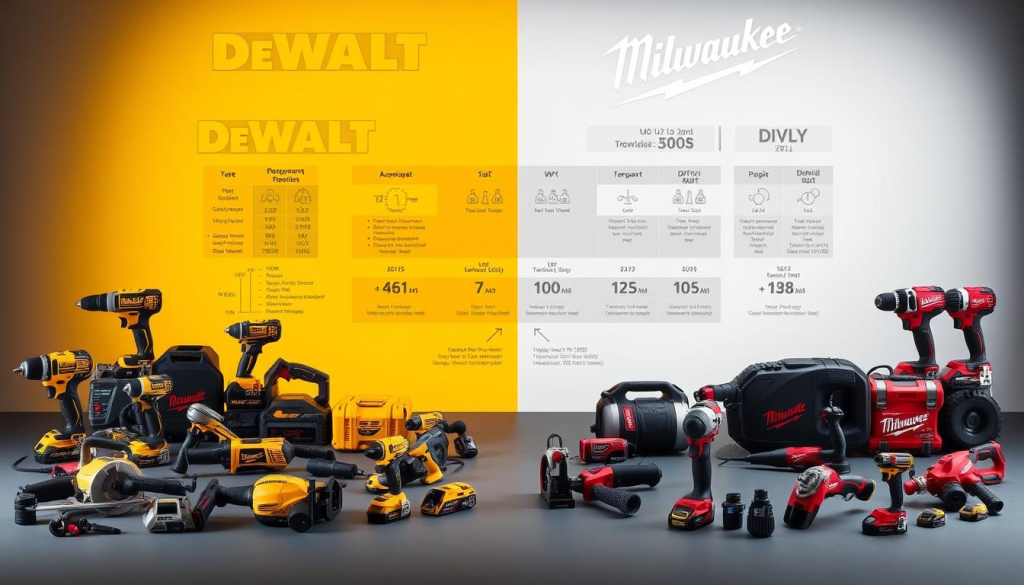 A meticulously detailed product comparison of the DeWalt and Milwaukee power tool lines, captured in a high-resolution, studio-quality photograph. The foreground showcases an array of representative tools from both brands, precisely arranged to highlight their distinctive designs and features. The middle ground includes technical specifications, performance metrics, and side-by-side comparisons projected onto a sleek, minimalist backdrop. The background features a soft, even lighting that creates a sense of professionalism and authority, complementing the technical nature of the subject matter. The overall composition conveys a balanced, objective, and authoritative assessment of the two leading power tool brands.