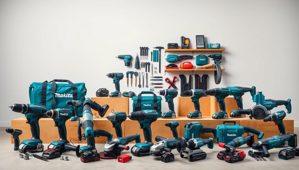 A meticulously detailed product showcase of the Makita power tool lineup, showcased against a clean, minimalist backdrop. In the foreground, an array of Makita's iconic power tools - cordless drills, angle grinders, reciprocating saws, and more - artfully arranged to highlight their sleek, ergonomic designs and high-quality construction. The middle ground features a selection of power tool accessories and attachments, complementing the main product range. In the background, a softly lit, neutral-toned environment allows the tools to take center stage, emphasizing Makita's reputation for reliable, professional-grade equipment. Crisp, high-resolution photography captures every nuance of the tools' textures, colors, and materials, conveying Makita's commitment to precision and durability.