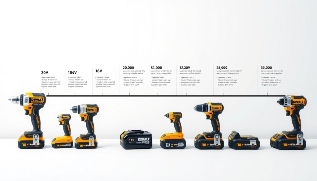 A meticulously detailed timeline displaying the evolution of DEWALT's iconic 20V cordless power tool line, set against a clean, minimalist background. The foreground features a lineup of the various 20V models, each rendered with precise textures, dimensions, and intricate mechanical details. The middle ground showcases a chronological progression of the 20V series, with key milestones and technological advancements highlighted through sleek, data-driven infographics. The background maintains a cool, neutral tone, allowing the power tools to take center stage and emphasize the transition from the previous 18V platform. Soft, directional lighting casts subtle shadows, accentuating the three-dimensional forms and creating a sense of depth and dimension. The overall composition conveys a sophisticated, technical, and visually captivating representation of DEWALT's 20V timeline.