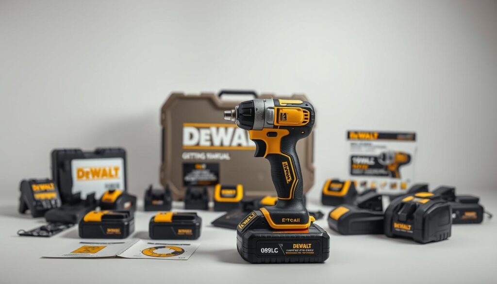 A meticulously detailed unboxing scene of the DEWALT 089LG cordless power tool, showcasing the tool, its accessories, and the packaging in a well-lit, studio-quality setting. The tool is prominently displayed in the foreground, with its sleek, black-and-yellow design highlighted by soft, diffused lighting from multiple angles. The accessories, such as battery packs and chargers, are neatly arranged in the middle ground, allowing the viewer to clearly see the complete kit. The background is clean and minimalist, drawing the eye to the main subject and emphasizing the high-quality, professional nature of the unboxing experience. The overall mood is one of anticipation and attention to detail, reflecting the "Getting Started" section of the user manual.