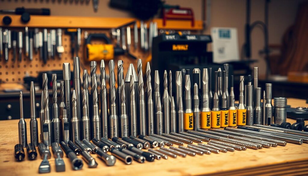 A meticulously organized workbench in a well-lit workshop setting, showcasing an assortment of DeWalt drill accessories, including a variety of impact drill bits, screwdriver bits, and other attachments. The bits are neatly arranged in a grid-like pattern, their metallic surfaces gleaming under the warm, diffused lighting. The background is a clean, neutral-toned surface, allowing the tools to take center stage. The overall composition conveys a sense of professionalism, efficiency, and the high-quality craftsmanship associated with the DeWalt brand.