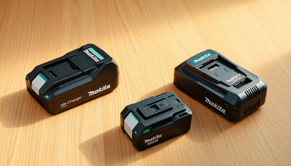 A meticulously rendered, high-resolution image of three Makita 18V battery chargers laid out on a clean, well-lit wooden surface. The chargers are depicted in a three-quarter view, showcasing their sleek, angular designs and distinctive Makita branding. Warm, diffused lighting highlights the chargers' sturdy construction and premium materials, creating a sense of quality and attention to detail. The chargers are arranged to allow for easy comparison of their size, features, and charging ports. The background is minimalist, allowing the chargers to be the focal point and emphasizing their technical specifications and capabilities.