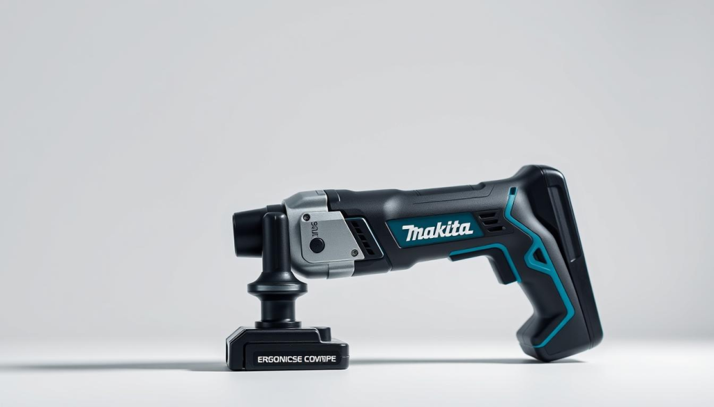 A modern and ergonomically-designed Makita cordless power tool, showcasing its sleek and comfortable grip. The tool is positioned in a well-lit studio, captured from a slightly elevated angle to highlight its ergonomic features. The lighting creates soft, diffused shadows that accentuate the contours and textures of the tool's body. The background is a clean, neutral environment, allowing the tool to be the central focus. The overall mood is one of sophistication, functionality, and user-centric design.