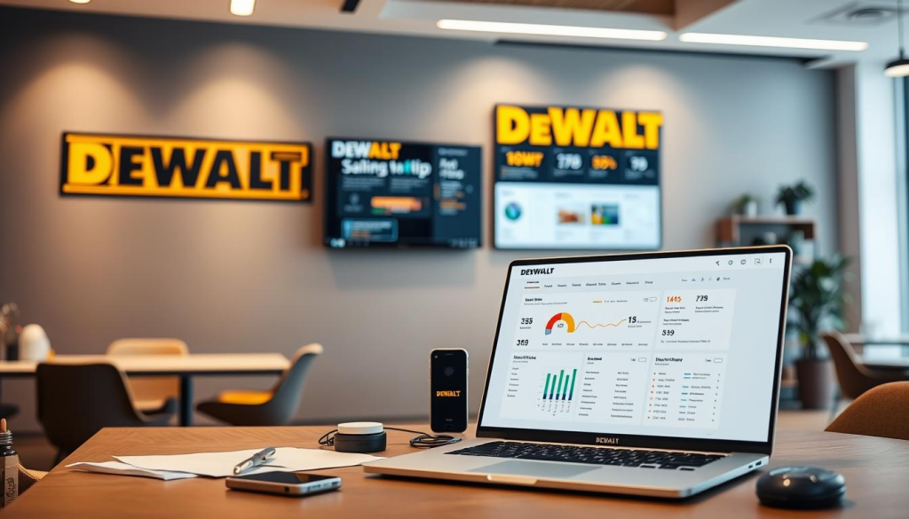 A modern and sleek office setting, with a large DEWALT logo prominently displayed on the wall. In the foreground, a desk with a laptop, mobile phone, and various office supplies. The laptop screen showcases a dashboard with real-time sales data, charts, and graphs. The middle ground features a large monitor mounted on the wall, displaying dynamic sales updates and performance metrics. Soft, directional lighting illuminates the scene, creating a professional and informative atmosphere. The background includes additional office furniture and decor, complementing the overall aesthetic. The entire image conveys a sense of productivity, transparency, and DEWALT's commitment to keeping customers informed about their sales.