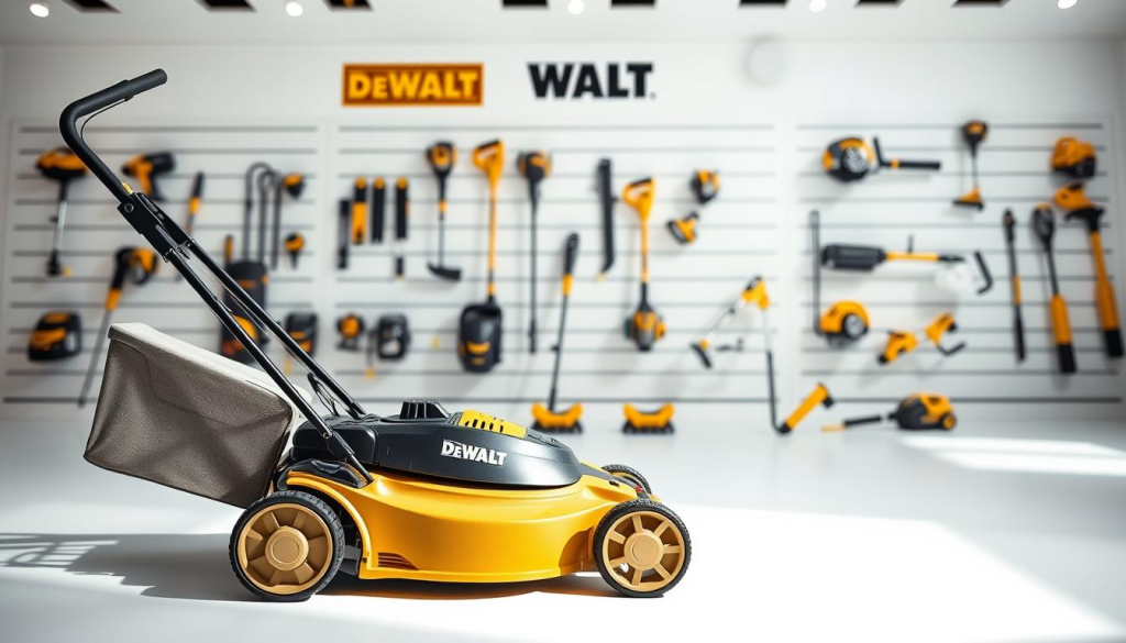A modern and sleek online retail store showcasing a DEWALT battery-powered lawn mower in the foreground. The mower is presented with a clean white background, highlighting its minimalist design and premium construction. In the middle ground, various DEWALT lawn care accessories are neatly displayed, including trimmers, edgers, and blowers. The background features a subtle gradient, creating a sense of depth and emphasizing the product's focus. The overall lighting is bright and natural, with soft shadows accentuating the mower's contours. The composition is balanced and visually appealing, inviting the viewer to explore the full range of DEWALT's outdoor power equipment available for purchase.