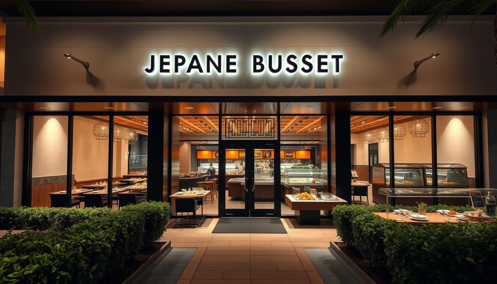 A modern and well-appointed Japanese buffet restaurant nestled in the heart of Jacksonville, Florida. The exterior features a sleek, contemporary facade with large windows that allow natural light to flood the dining area. The entrance is framed by neatly trimmed shrubbery and a inviting pathway leading to the front door. Inside, the spacious dining room is designed with a minimalist aesthetic, featuring clean lines, neutral tones, and subtle Asian-inspired decor. Strategically placed lighting fixtures create a warm, intimate ambiance, while the open kitchen allows diners to observe the culinary team at work. The buffet stations are arranged in a visually appealing manner, showcasing a mouthwatering array of sushi, sashimi, hot entrees, and delectable desserts.