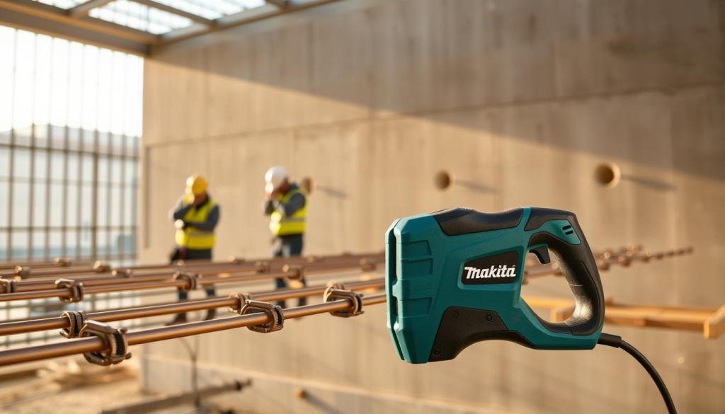 A modern construction site with a Makita Rebar Tier in the foreground, securely binding steel reinforcement bars together. The device's compact design and ergonomic grip are prominently featured, showcasing its ease of use. In the middle ground, workers are shown efficiently tying rebar in various configurations, demonstrating the versatility of the Makita tool. The background features a partially completed concrete structure, highlighting the Rebar Tier's practical applications in reinforced concrete projects. The scene is illuminated by warm, natural lighting, conveying a sense of efficiency and professionalism associated with the Makita brand and its construction tools.