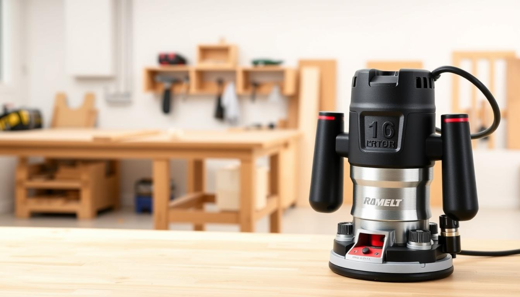 A modern cordless router with a sleek, ergonomic design, showcasing its advanced features. The router is positioned prominently in the foreground, allowing the viewer to clearly see its brushless motor, variable speed control, and detachable base. The middle ground features a well-lit workshop setting, with clean, minimalist workbenches and tools, creating a sense of professional craftsmanship. The background subtly fades into a soft, neutral tone, keeping the focus on the router's impressive capabilities. The overall atmosphere exudes power, precision, and efficiency, aligning with the article's subject and section title.