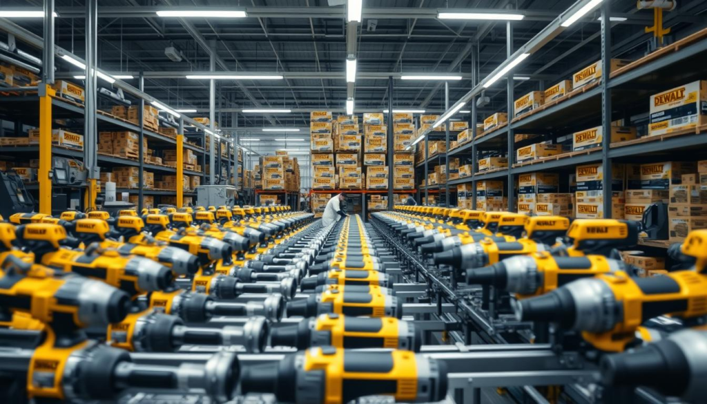 A modern factory floor, with rows of gleaming DEWALT power tools lined up on assembly lines. Bright overhead lighting casts a crisp, technical atmosphere. In the middle ground, skilled technicians assemble and inspect the tools with precision. In the background, towering shelves hold stacks of DEWALT boxes, conveyor belts steadily moving product. The scene radiates a sense of industrial efficiency and attention to quality, reflecting DEWALT's reputation for durable, dependable power tools.