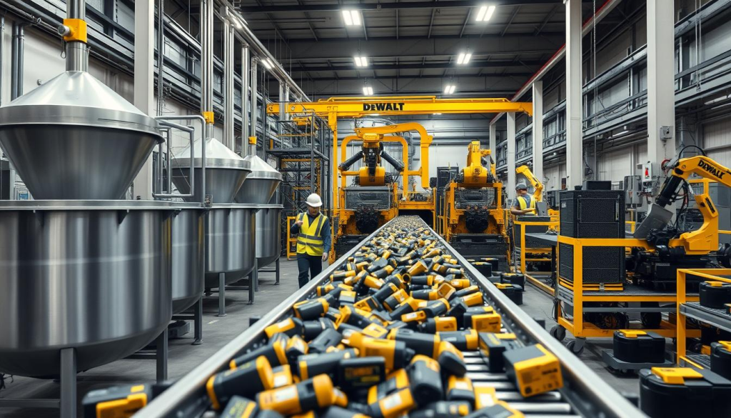 A modern, high-tech factory interior with an assembly line for recycling DeWalt lithium-ion batteries. In the foreground, a conveyor belt carries used batteries towards a processing station, with workers in safety gear carefully examining and sorting them. The middle ground features large metal bins and hoppers, their surfaces reflecting the bright overhead lighting. In the background, towering machinery and robotic arms efficiently disassemble the batteries, extracting valuable materials for reuse. The scene conveys a sense of industrial efficiency and environmental responsibility, showcasing DeWalt's commitment to sustainable battery management.