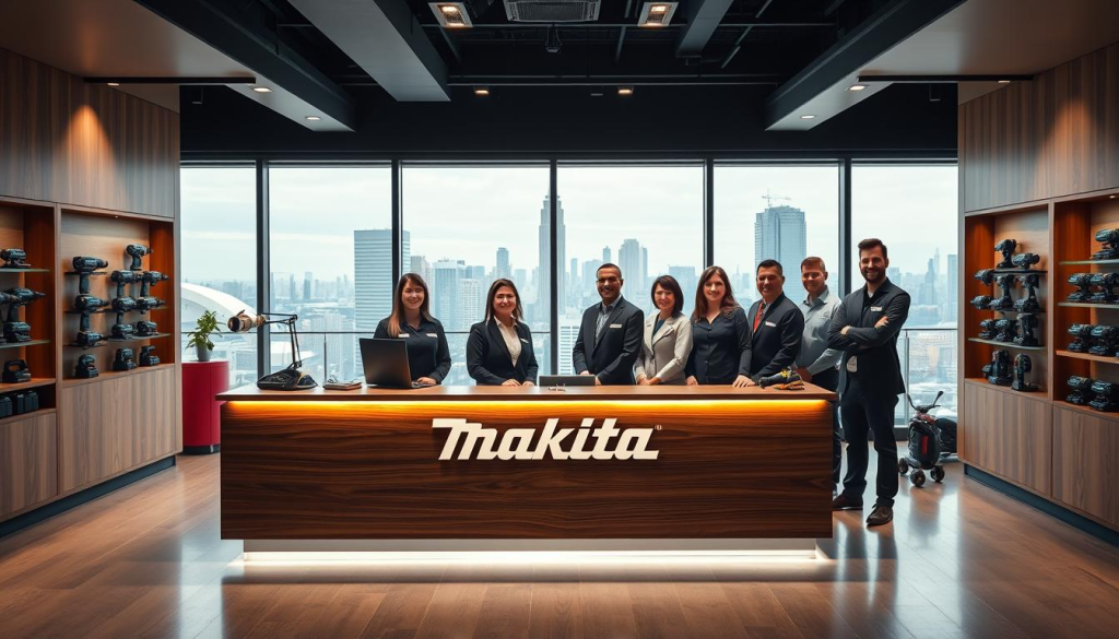 A modern office interior with a well-lit Makita USA customer support desk. The desk is crafted from sleek, dark wood with a clean, minimalist design. Behind the desk, a large window offers a panoramic view of a bustling urban landscape. The walls are adorned with Makita product displays, providing a visually engaging backdrop. Soft, indirect lighting casts a warm, inviting glow throughout the space, creating a professional yet approachable atmosphere. A team of friendly, knowledgeable Makita representatives stands ready to assist customers, their expressions conveying a genuine commitment to customer satisfaction. The overall scene exudes a sense of efficiency, reliability, and the brand's dedication to supporting its user base.