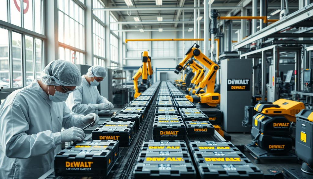 A modern, sustainable battery manufacturing facility, with natural lighting filtering through large windows, illuminating the precision assembly line. In the foreground, technicians in clean-room attire carefully inspect and package the latest DEWALT lithium-ion battery cells. In the middle ground, robotic arms seamlessly solder connections and monitor quality control. The background showcases the state-of-the-art recycling and waste management systems, reflecting DEWALT's commitment to environmental responsibility. The overall atmosphere conveys a sense of technological innovation, environmental consciousness, and attention to detail.