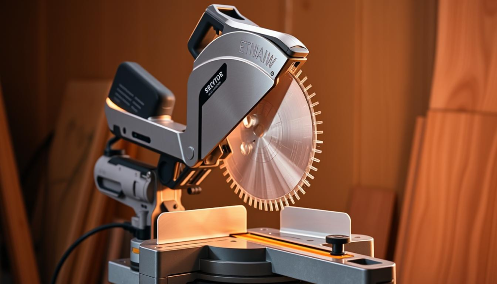 A modern, user-friendly miter saw with a sleek, ergonomic design. The saw body has a brushed metal finish, with clean lines and a comfortable grip. The blade guard is transparent, allowing the user to clearly see the cutting area. The bevel and miter angle adjustments are intuitive and easy to operate, with clearly labeled markings. The saw is positioned on a sturdy, height-adjustable work surface, bathed in warm, directional lighting that highlights the precision of its cutting action. The overall scene conveys a sense of thoughtful design, making the miter saw an accessible and enjoyable tool for DIY projects.