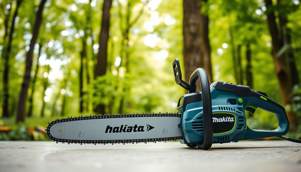 A modern, well-lit Makita electric chainsaw rests prominently in the foreground, its sleek design and vibrant green accents drawing the eye. In the middle ground, the chainsaw's powerful motor and efficient cutting mechanism are highlighted, showcasing the impressive technological features that make it a versatile and convenient tool. The background depicts a lush, verdant forest setting, hinting at the diverse range of applications for this chainsaw, from pruning trees to clearing brush. The overall composition conveys a sense of power, efficiency, and the seamless integration of advanced technology with the natural world.