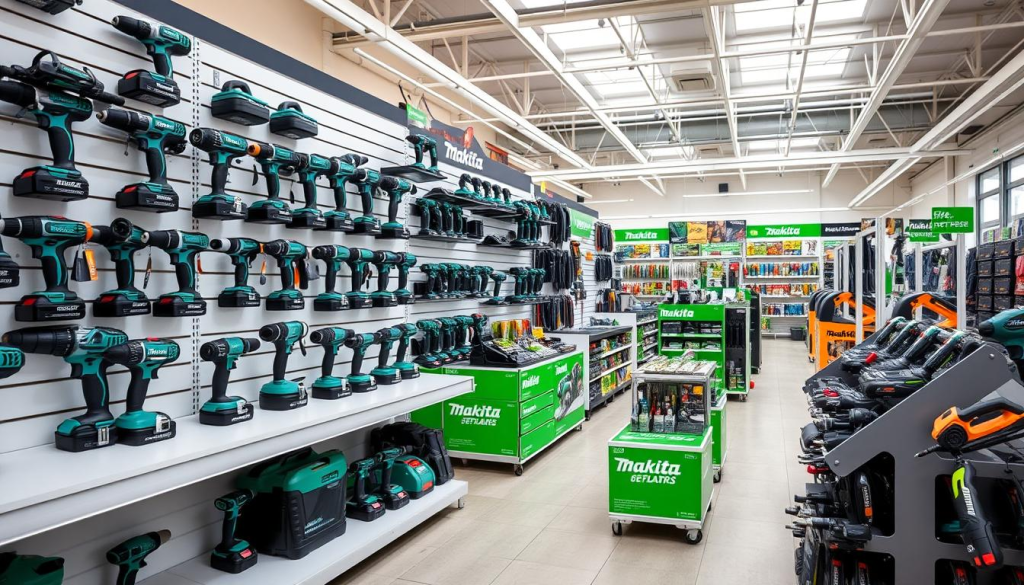 A modern, well-lit hardware store showroom showcasing a diverse array of Makita power tools on sale. The foreground features an assortment of Makita drills, impact drivers, and saws neatly displayed on a sleek, minimalist shelving system. The middle ground highlights Makita's signature bright green and black color scheme, with various tool accessories and batteries prominently showcased. In the background, the store's high ceilings and ample natural lighting create a bright, airy atmosphere, inviting customers to explore the extensive Makita selection. The overall impression is one of a high-quality, well-curated Makita tools sale, highlighting the brand's reputation for durability and innovation.