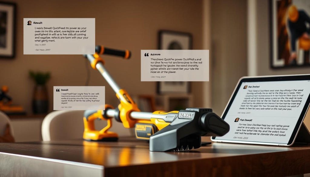 A modern, well-lit home office setting, with a sleek Dewalt QuickFeed string trimmer prominently displayed on a desk. Various customer reviews are visible on a nearby tablet or laptop screen, showcasing positive testimonials about the trimmer's power, ease of use, and reliable performance. The trimmer is captured from a slight side angle, highlighting its compact design and ergonomic features. The background features muted, neutral tones to keep the focus on the product and its reviews. Warm, natural lighting accentuates the trimmer's robust construction and high-quality materials. An atmosphere of professionalism and credibility pervades the scene, reflecting the trustworthiness of the Dewalt brand and its customer satisfaction.