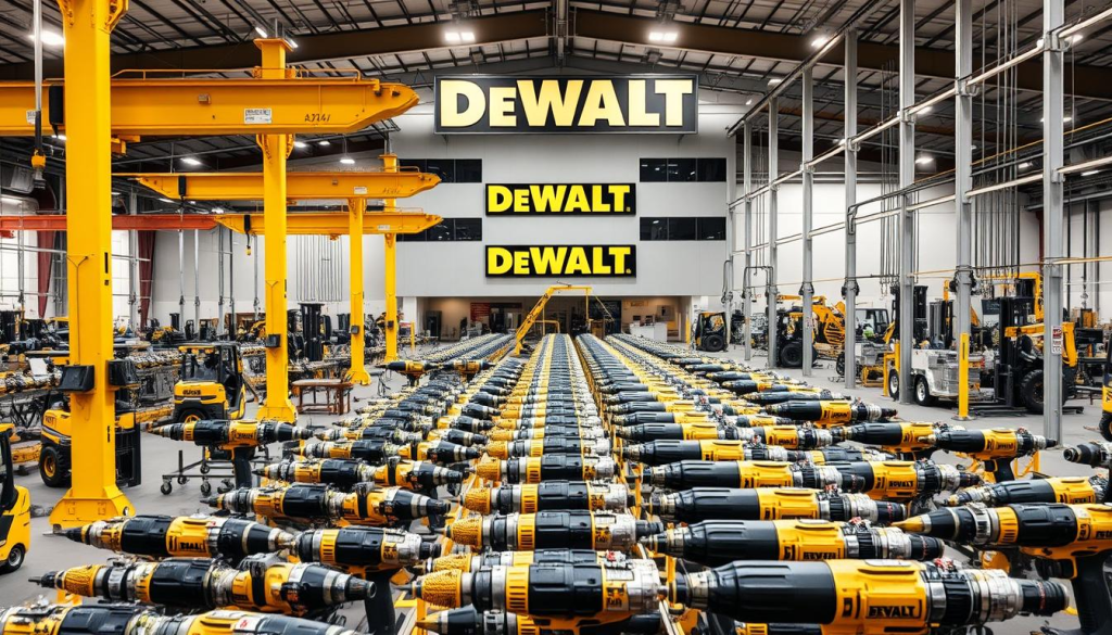 A modern, well-lit industrial facility with a sprawling assembly line, where rows of Dewalt power tools are meticulously crafted. The space is filled with the hum of machinery, the gleam of polished metal, and the precision of skilled technicians. Towering cranes and forklifts move materials efficiently, while quality control stations ensure every product meets rigorous standards. In the background, the building's exterior showcases the Dewalt brand identity, with bold signage and a clean, contemporary architectural design. Conveying a sense of technological sophistication and manufacturing excellence, this image captures the heart of Dewalt's drill production process.