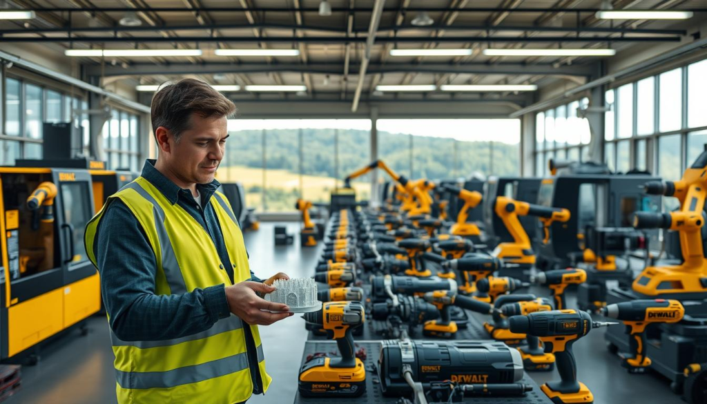 A modern, well-lit industrial workshop showcasing DEWALT's sustainable manufacturing practices. In the foreground, a technician in a safety vest inspects a newly 3D-printed part made from recycled materials. Behind them, rows of energy-efficient CNC machines and robotic arms assemble various power tools, their sleek black and yellow casings gleaming under the bright, diffused lighting. In the background, floor-to-ceiling windows offer a panoramic view of a lush, verdant landscape, symbolizing DEWALT's commitment to environmental stewardship. The overall atmosphere is one of precision, innovation, and responsibility, reflecting the brand's ethos of producing high-quality, durable products in a sustainable manner.