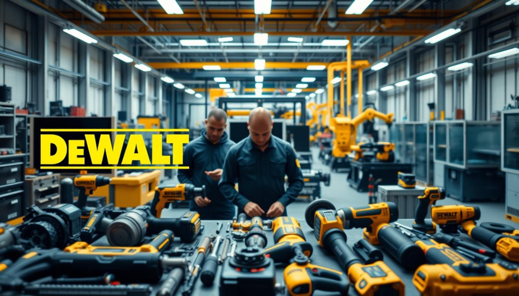 A modern, well-lit industrial workshop, with a focus on the DEWALT logo and branding. In the foreground, a variety of DEWALT power tools and hand tools are neatly arranged, showcasing the brand's commitment to quality and innovation. The middle ground features a team of engineers and technicians meticulously testing and refining new product designs, their faces obscured to maintain the focus on the tools. In the background, a state-of-the-art manufacturing facility can be seen, with robotic arms and precision machinery at work, creating the next generation of DEWALT products. The overall mood is one of technical expertise, innovation, and attention to detail, reflecting DEWALT's reputation for durability and reliability.