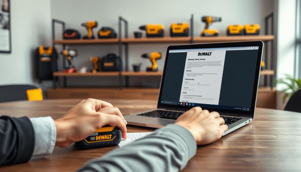 A modern, well-lit office setting, with a sleek wooden desk showcasing a DEWALT battery and a laptop displaying the warranty claim process. In the foreground, a person's hands are filling out a warranty form, while the background features shelves displaying additional DEWALT tools and batteries. The lighting is soft and natural, creating a professional and informative atmosphere. The composition emphasizes the warranty process, highlighting the importance of DEWALT's battery support for their customers.