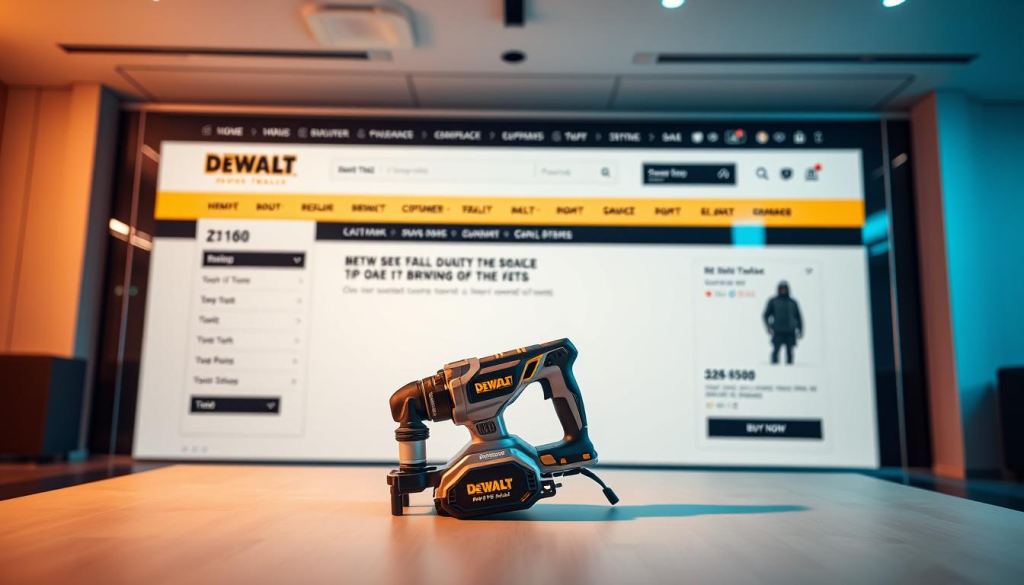 A modern, well-lit online storefront showcasing the DEWALT Z160 power tool. In the foreground, the tool is prominently displayed on a clean, minimalist product page, its sleek design and high-quality construction evident. The middle ground features navigation menus, customer reviews, and purchasing options, inviting the viewer to explore and buy. The background depicts a sophisticated, tech-savvy interface with subtle branding, providing a seamless and trustworthy shopping experience. Warm lighting and soft shadows create depth and a premium feel, reflecting the tool's exceptional quality. The overall composition conveys the convenience and confidence of buying the DEWALT Z160 online.