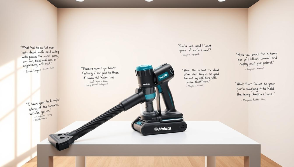 A modern, well-lit studio setting showcasing a Makita cordless vacuum cleaner. The device is prominently displayed on a clean, minimalist table, its sleek design and powerful suction capabilities the focal point. Surrounding the vacuum are several handwritten user reviews, each detailing the product's impressive performance and reliability. Subtle natural lighting filters through a window, casting a warm glow and highlighting the vacuum's high-quality construction. The overall atmosphere conveys a sense of trust, authority, and user satisfaction, aligning with the article's "User Reviews and Testimonials" section.