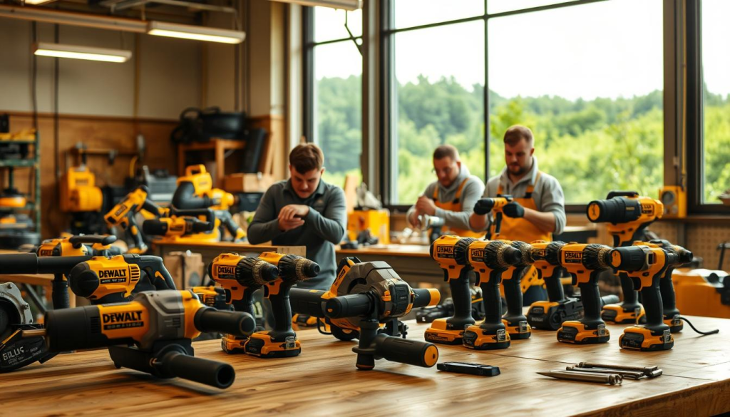 A modern, well-lit workshop interior showcasing DEWALT's commitment to sustainability. In the foreground, an array of their iconic power tools, meticulously crafted with eco-friendly materials. In the middle ground, workers diligently assembling and testing the products, their expressions conveying pride and attention to detail. The background features a large window overlooking a lush, verdant landscape, symbolizing DEWALT's dedication to environmental stewardship. Warm, natural lighting bathes the scene, creating a sense of harmony and responsibility. The overall atmosphere exudes a blend of industrial efficiency and environmental consciousness, reflecting DEWALT's holistic approach to sustainable manufacturing.