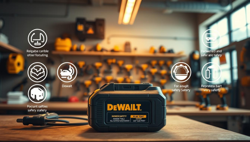 A modern, well-lit workshop setting with a DeWalt battery pack prominently displayed on a workbench. The battery is surrounded by various safety icons and symbols, indicating its robust safety features. In the background, an array of DeWalt power tools are neatly organized, conveying the brand's commitment to reliable and secure equipment. The lighting is warm and inviting, creating an atmosphere of professionalism and attention to detail. The camera angle is slightly elevated, providing a clear, unobstructed view of the battery and its safety-focused design.