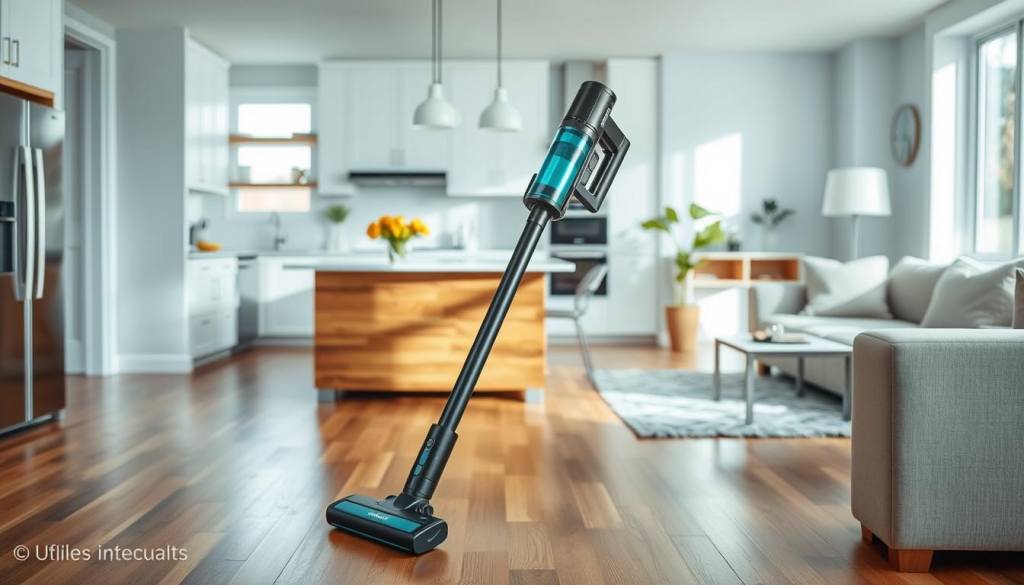 A multi-surface vacuum cleaner in a well-lit, modern kitchen setting. In the foreground, the sleek, cordless Makita handheld vacuum stands prominently, its brushless motor and dust canister clearly visible. The middle ground showcases various household surfaces - hardwood floors, tiled countertops, and upholstered furniture - highlighting the versatility of the vacuum's suction power and attachments. The background features a minimalist, white-toned kitchen interior with clean lines and natural lighting, creating an atmosphere of efficiency and practicality. The overall scene conveys the key benefits of the Makita handheld vacuum - its cordless convenience, multi-surface cleaning capabilities, and seamless integration into a contemporary living space.