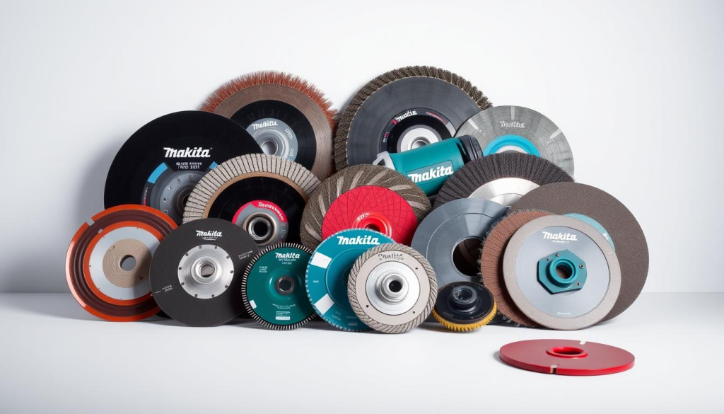 A neatly arranged assortment of Makita angle grinder accessories, including a selection of cutting discs, grinding wheels, wire brushes, and flap discs, against a clean, well-lit backdrop. The accessories are positioned to showcase their versatility and functionality, with a focus on the high-quality construction and attention to detail that Makita is known for. The lighting is soft and flattering, highlighting the sleek and modern design of the tools. The overall composition conveys a sense of professionalism and expertise, hinting at the enhanced DIY experience the accessories can provide.