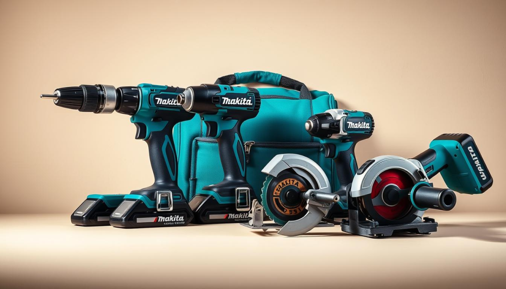 A neatly arranged assortment of Makita cordless power tools, including a drill, impact driver, circular saw, and angle grinder, set against a plain, neutral-colored background. The tools are shown in a well-lit, high-resolution close-up, capturing their sleek, modern design and sturdy construction in vivid detail. The lighting is soft and diffused, accentuating the tools' metallic accents and vibrant colors. The composition is balanced and symmetrical, highlighting the variety and versatility of Makita's cordless power tool lineup.