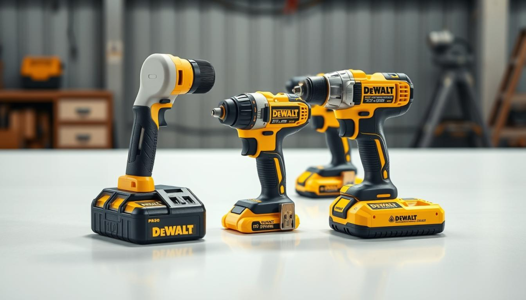 A neatly arranged collection of DEWALT USB power tools rests on a clean, well-lit workbench. The tools, including a cordless drill, impact driver, and USB charging hub, are rendered in intricate detail, capturing the sleek and rugged design that defines the DEWALT brand. The lighting is soft and directional, creating subtle shadows that accentuate the tools' contours and textures. The background is a neutral, slightly blurred industrial setting, allowing the DEWALT products to take center stage and showcase their versatility and power for the professional user.
