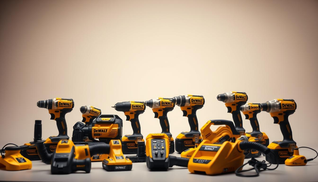 A neatly arranged collection of DeWalt power tools in the iconic DeWalt yellow hue, captured in a clean, well-lit studio setting. The tools are positioned in the foreground, displaying their sleek and durable design. The middle ground features a subtle, neutral-toned backdrop, allowing the yellow tools to take center stage. The lighting is soft and diffused, creating a sense of warmth and highlighting the tools' vibrant color. The camera angle is slightly elevated, providing a clear and unobstructed view of the tools, showcasing their professional-grade quality and attention to detail.