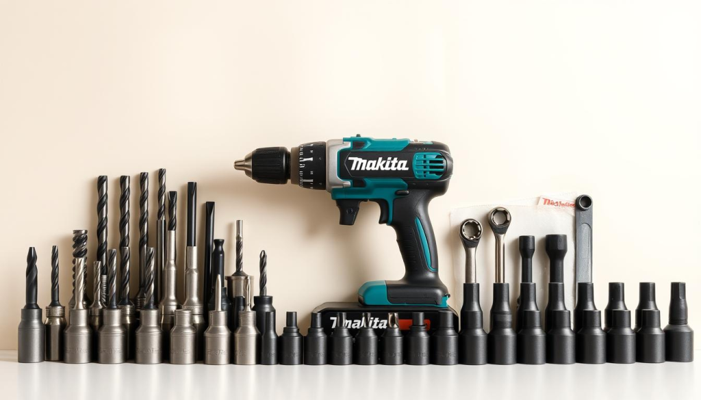 A neatly arranged collection of Makita impact driver accessories on a clean, minimalist background. In the foreground, various drill bits, socket wrench sets, and driver tips are displayed in an organized fashion, showcasing their high-quality construction and precision. The middle ground features the iconic Makita impact driver, its sleek and durable design highlighted by soft, directional lighting that casts subtle shadows. The background is a simple, neutral palette that allows the tools to take center stage, emphasizing their functional purpose and professional-grade capabilities. The overall scene conveys a sense of expertise, efficiency, and the essential components needed to tackle a wide range of DIY and construction tasks with a Makita impact driver.