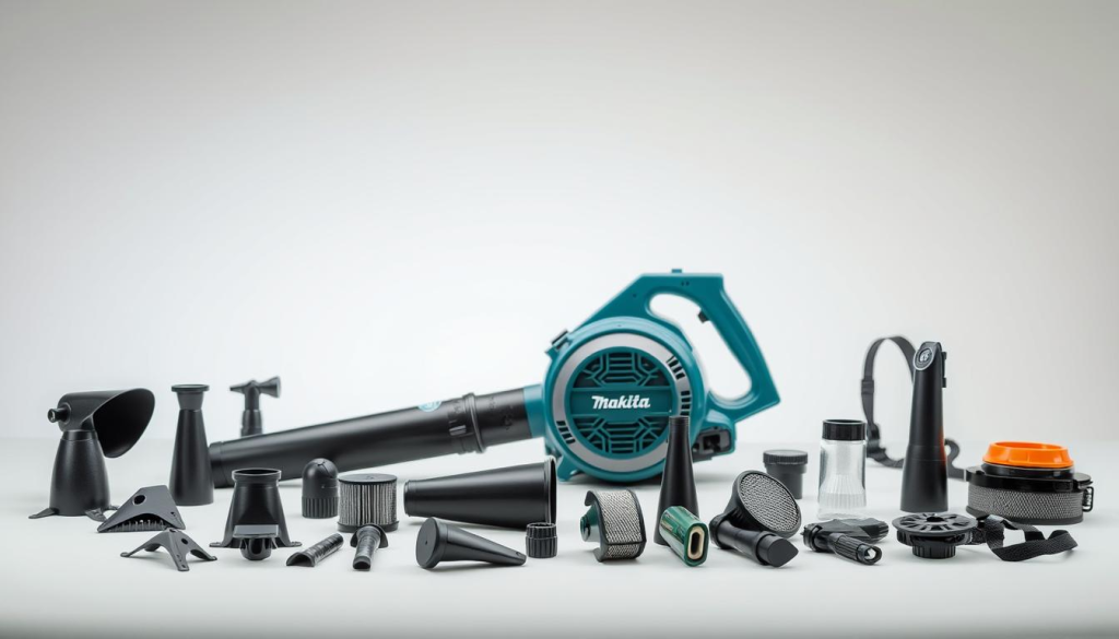 A neatly arranged collection of Makita leaf blower accessories displayed in a clean, well-lit studio setting. In the foreground, various attachments and accessories such as nozzles, filters, and harnesses are showcased against a seamless backdrop. The middle ground features the Makita leaf blower itself, its sleek design and vibrant branding prominently visible. The background is softly blurred, creating a sense of depth and emphasis on the accessories. The lighting is soft and diffused, highlighting the textures and materials of the products. The overall mood is professional, practical, and showcases the high-quality and versatile nature of the Makita leaf blower accessories.
