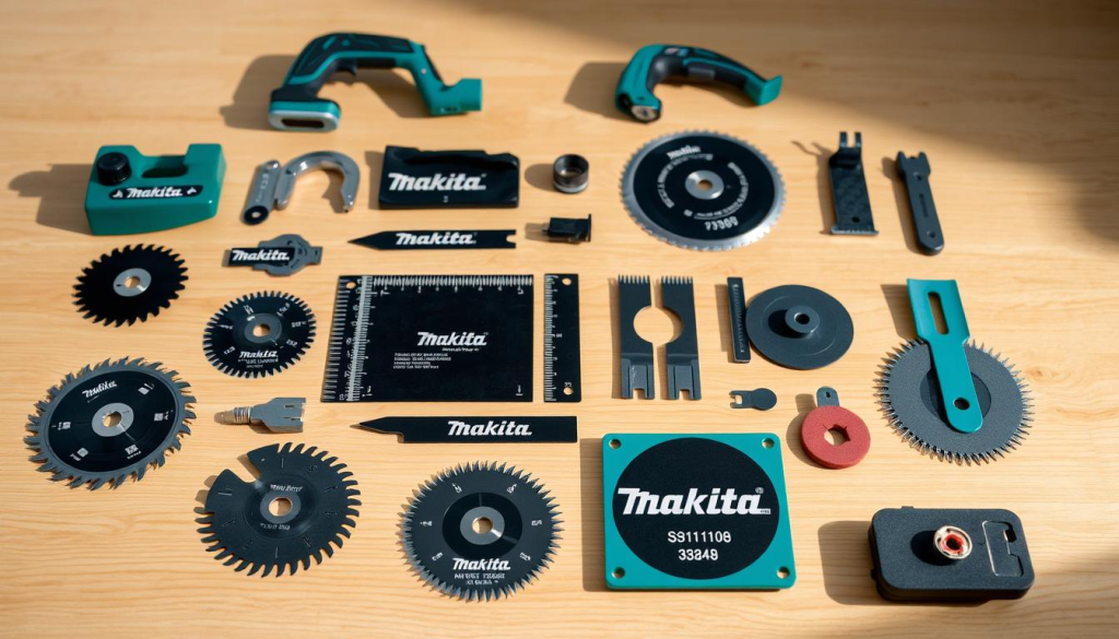 A neatly arranged collection of Makita multi-tool accessories, including an assortment of saw blades, sanding pads, and other attachments, laid out on a clean, well-lit wooden surface. The accessories are displayed in a visually appealing manner, showcasing their variety and versatility. The lighting is soft and natural, creating a warm, inviting atmosphere that highlights the high-quality design and craftsmanship of the Makita tools. The background is simple and uncluttered, allowing the accessories to be the focal point of the image.