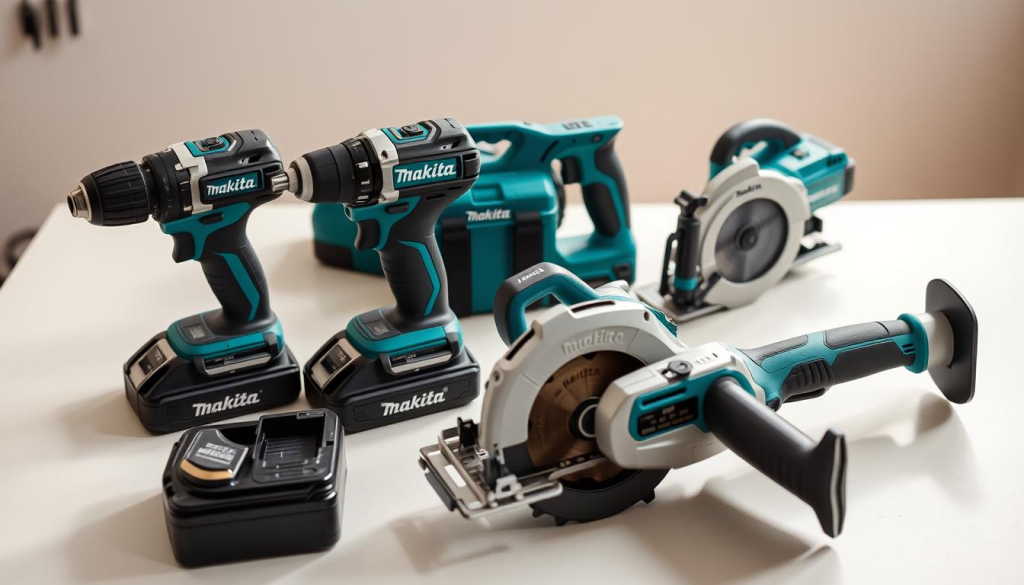 A neatly arranged collection of Makita power tools, including a cordless drill, impact driver, circular saw, and reciprocating saw, resting on a clean, well-lit workbench. The tools are presented in a clean, professional manner, showcasing their sleek, modern designs and high-quality construction. The lighting is soft and natural, creating a sense of clarity and focus on the tools. The background is subtly blurred, allowing the tools to be the central focus of the image. The overall atmosphere conveys a sense of efficiency, reliability, and the versatility of the Makita Combo Kit.
