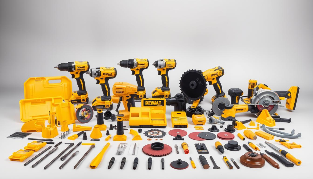 A neatly arranged composition showcasing a diverse range of DEWALT yellow power tool accessories and attachments against a clean, well-lit studio backdrop. The foreground features various tool bits, saw blades, sanding discs, and other attachments laid out in an organized, visually appealing manner. The middle ground showcases a selection of DEWALT power tools, including a cordless drill, an angle grinder, and a reciprocating saw, all in the iconic DEWALT yellow hue. The background is a plain, neutral-colored surface that allows the vibrant yellow tools and accessories to take center stage. The lighting is soft and even, highlighting the textures and details of the products. The overall mood is professional, showcasing the versatility and quality of the DEWALT tool ecosystem.