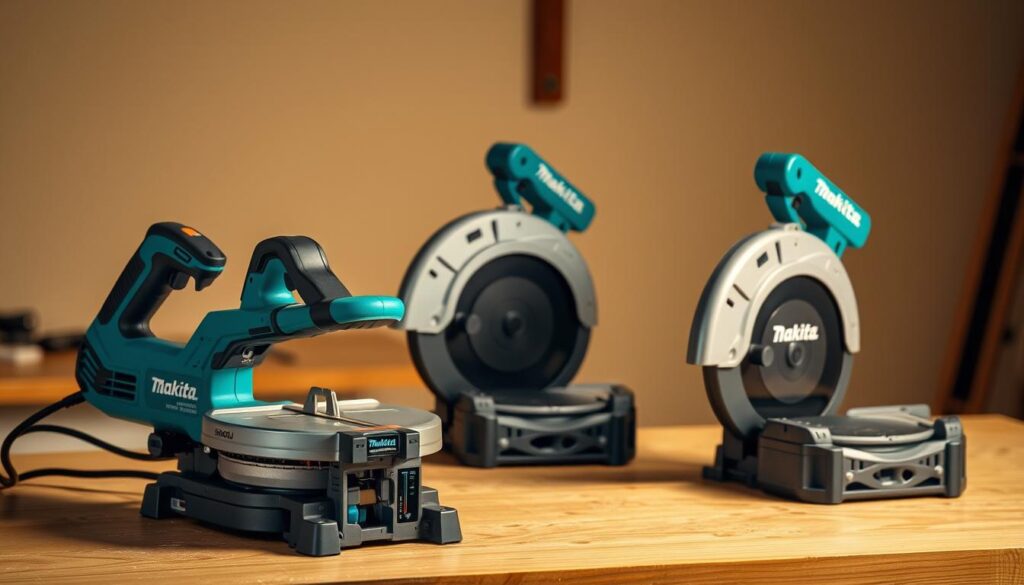 A neatly arranged composition showcasing three Makita track saws from different angles. The saws are positioned on a wooden workbench, illuminated by warm, directional lighting that accentuates their sleek, metallic bodies and high-quality construction. In the foreground, the Makita SP6000J plunge cut saw takes center stage, its precision-engineered features highlighted. In the middle ground, two other Makita models are displayed side-by-side, allowing for a clear visual comparison of their differences in size, design, and capabilities. The background is softly blurred, keeping the focus on the saws and their essential details. The overall mood is one of professional craftsmanship and attention to detail, reflecting the subject matter of the article.
