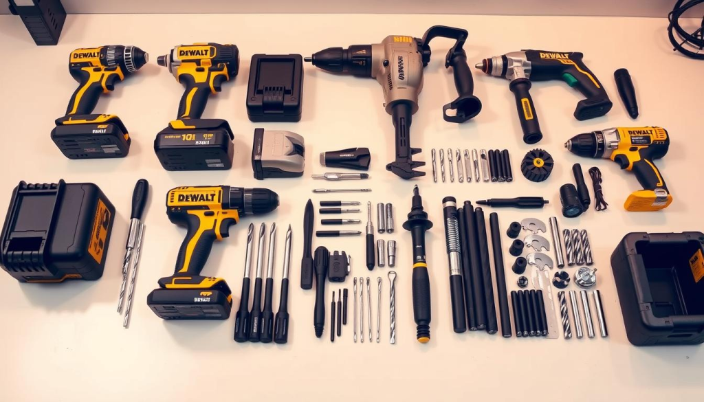 A neatly arranged display of DEWALT 972 power tool accessories, including a cordless impact driver, a reciprocating saw, a rotary hammer drill, and various drill bits, blades, and attachments. The accessories are laid out on a clean, well-lit workbench, creating a sense of professional organization. The lighting is warm and directional, highlighting the textures and details of the metallic and plastic components. The composition is balanced, with a clear focus on the DEWALT 972 accessories, creating an informative and visually appealing image to accompany the article section on "Accessories for the DEWALT 972".