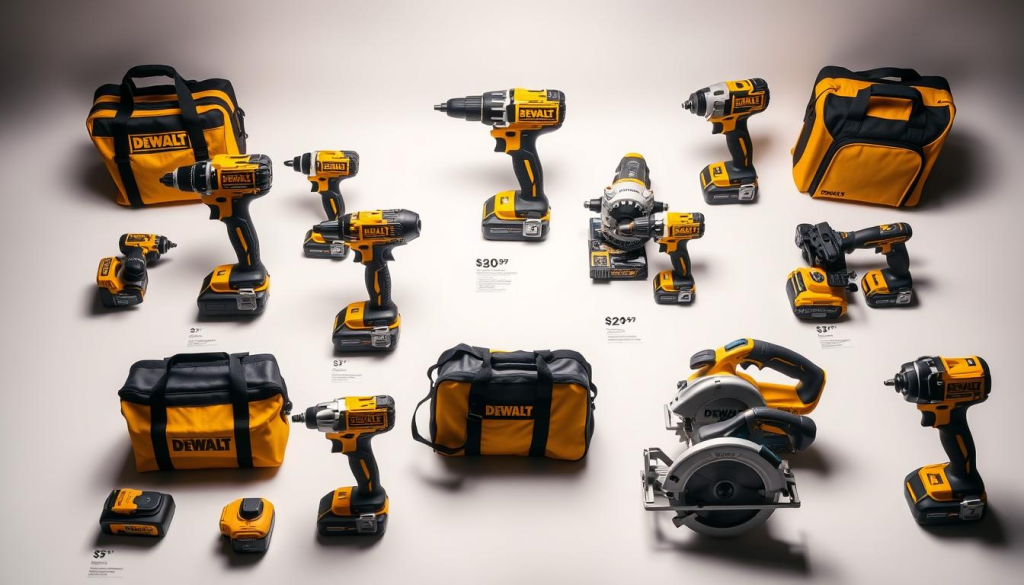A neatly arranged display of DEWALT power tool bundles, showcasing a variety of cordless drills, impact drivers, and circular saws. The bundles are presented on a clean, white background, with soft, diffused lighting highlighting the tools' sleek, professional designs. The middle ground features price tags and labels, emphasizing the cost savings of buying the tools as a bundle rather than individually. In the background, a subtle shadow or gradient adds depth and dimension, creating a sense of visual harmony. The overall composition conveys a message of efficiency, value, and the practical benefits of DEWALT's tool bundling solutions.