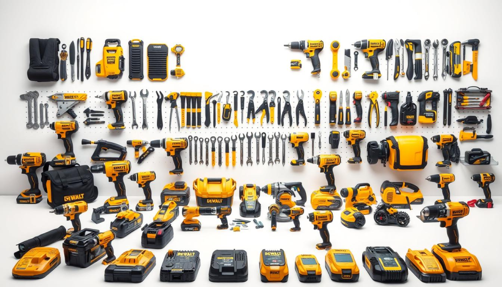 A neatly arranged display of DEWALT power tools, hand tools, and accessories against a clean, bright background. The foreground showcases a diverse range of cordless drills, impact drivers, saws, and other essential tools in the brand's signature yellow and black color scheme. The middle ground features a selection of hand tools, including wrenches, pliers, and utility knives, demonstrating the breadth of DEWALT's comprehensive product line. The background subtly hints at the brand's professional-grade quality and durability through a metallic, industrial-inspired texture. Soft, diffused lighting accentuates the clean, modern aesthetic, creating an inviting and informative visual representation of DEWALT's expansive product range.