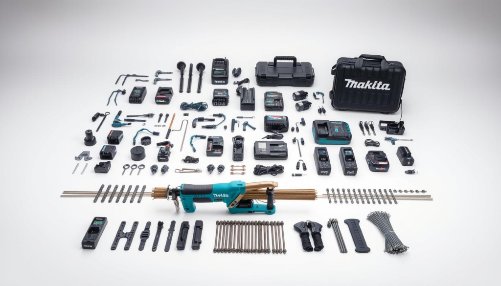 A neatly arranged display of Makita Rebar Tier accessories, captured in a clean, well-lit studio setting. In the foreground, the Makita Rebar Tie Tool takes center stage, its sleek, ergonomic design highlighted by soft, directional lighting. Surrounding it, an assortment of attachments and accessories, such as spare batteries, chargers, and carrying cases, are artfully positioned to showcase their functionality and compatibility. The mid-ground features a selection of rebar, neatly organized to provide context and scale. The background is a neutral, slightly blurred backdrop, allowing the Makita products to be the focus of the image. The overall composition conveys a sense of professionalism, efficiency, and the seamless integration of the Makita Rebar Tier system.