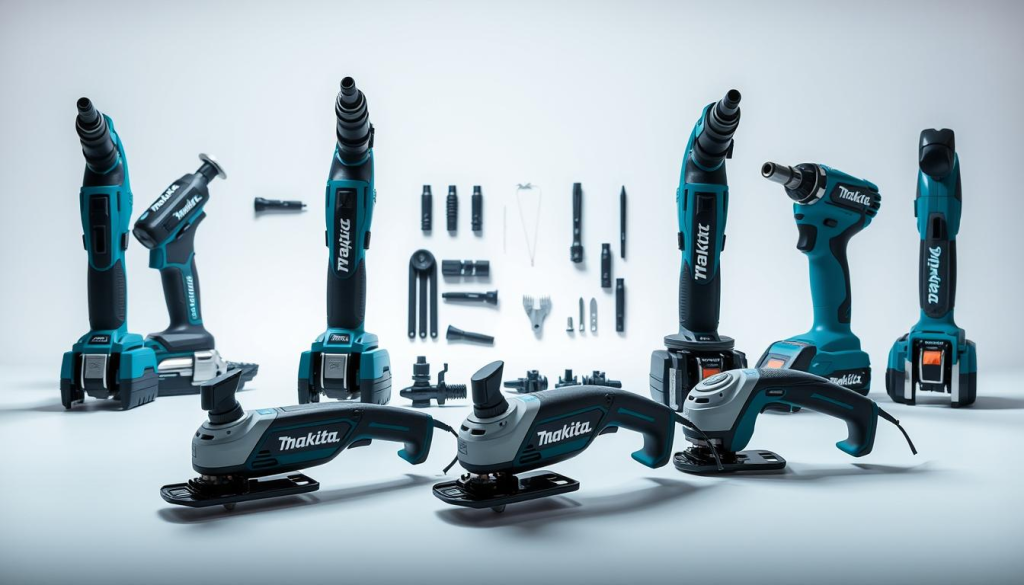 A neatly arranged display of Makita oscillating tool models, showcasing their diverse features and capabilities. The foreground features the models themselves, captured in a clean, well-lit studio setting with a neutral background, allowing the tools to take center stage. The middle ground provides a closer look at the unique design elements and attachments of each model, while the background subtly hints at the versatility of these tools in various DIY applications. The lighting is soft and diffused, creating a sense of clarity and highlighting the sleek, professional aesthetic of the Makita brand. The overall composition strikes a balance between technical precision and visual appeal, inviting the viewer to explore and compare the nuanced differences between the oscillating tool models.